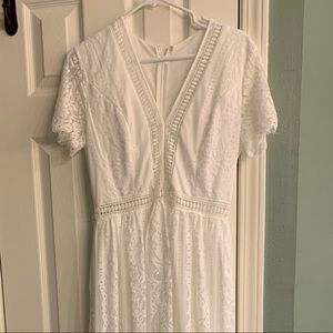 White Lace V Neck Maxi Dress